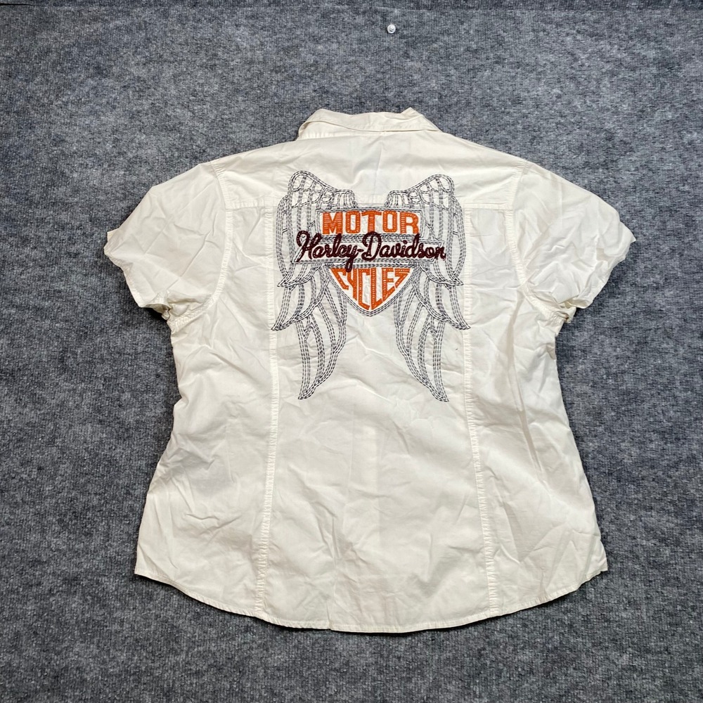Harley-Davidson Womens White Short Sleeve Winged Logo Button Up Shirt XL 12059